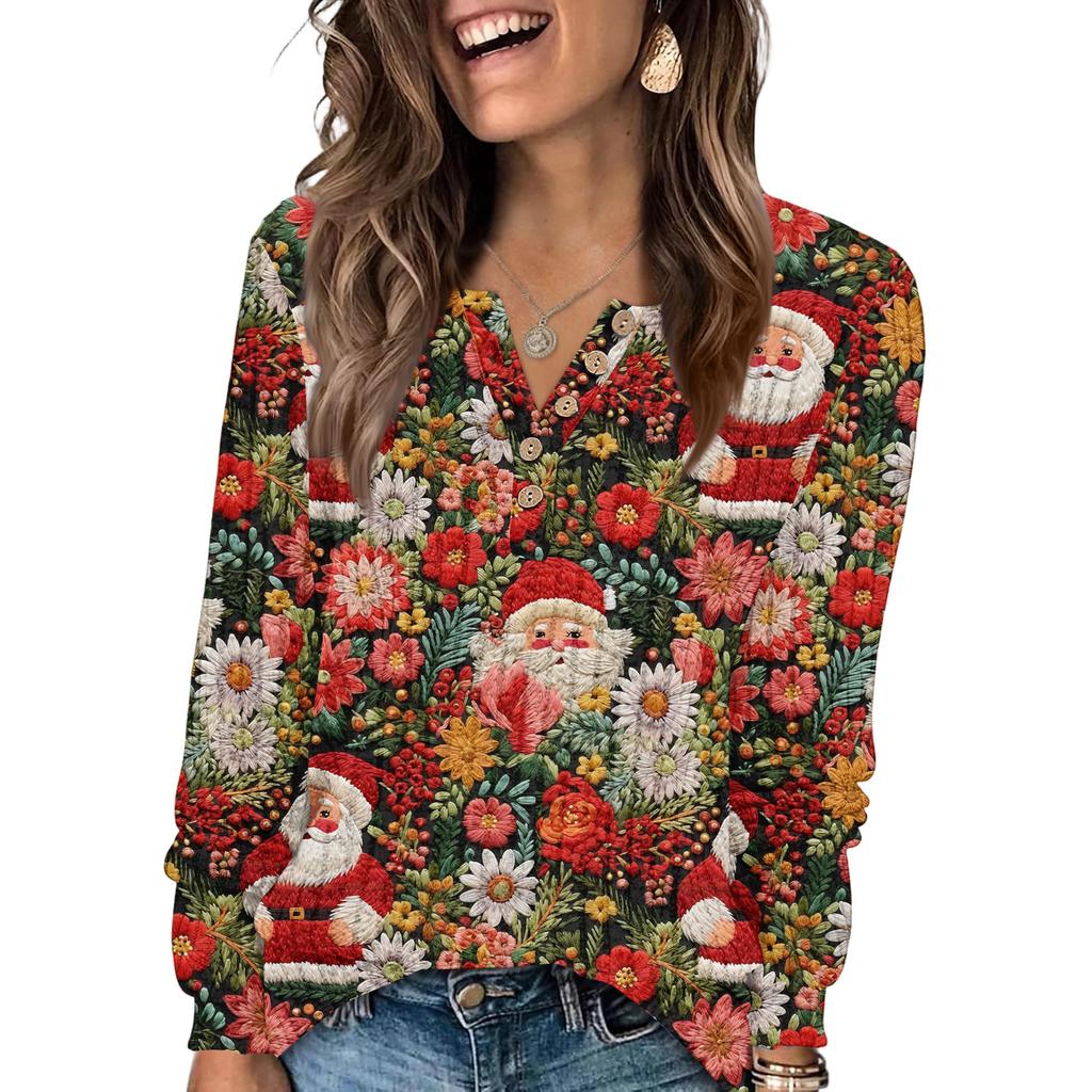 Women's Fashion V-Neck Button-Up T-Shirt With Christmas Print Long-Sleeved Top