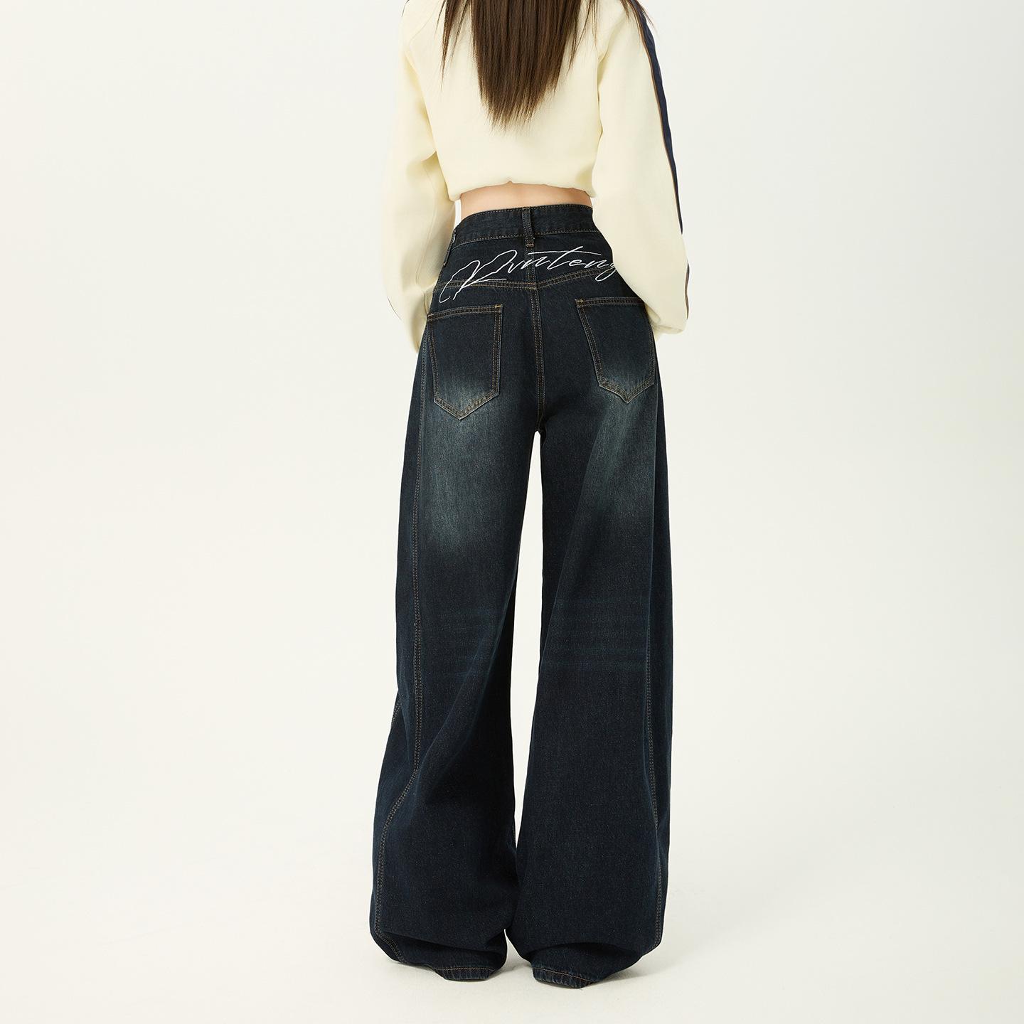 2025 Autumn Women s High-Waisted Embroidered Wide-Leg Jeans: Slimming, Straight, Floor-Length Style 2X Large