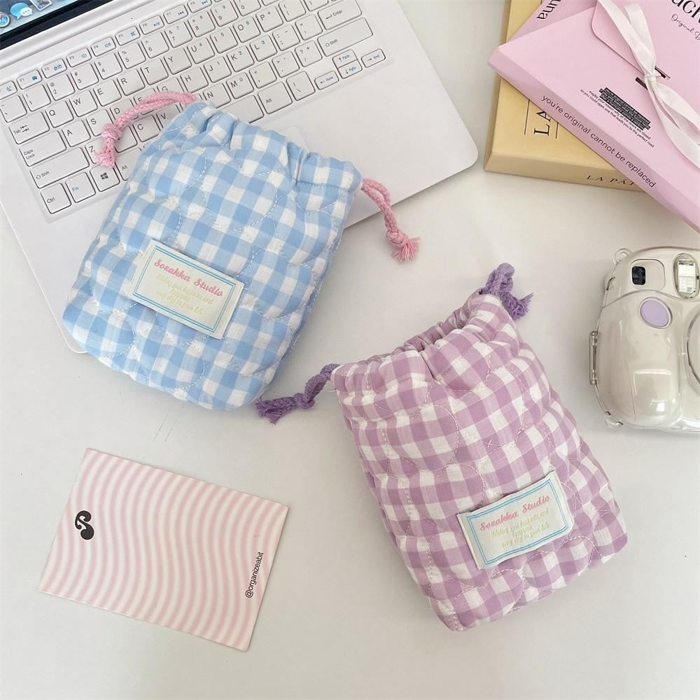 Plaid Drawstring Wallet Anti-fall Makeup Lipstick Storage Bag Camera Storage Bag  for Travel