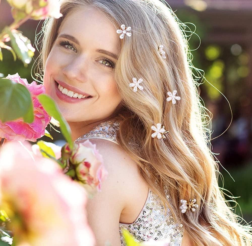 Small Pearl Mini Hair Claw Clips with Flower Design, Sweet Artificial Decorative Hair Accessories for Women's Girls Pack of 10 Pcs