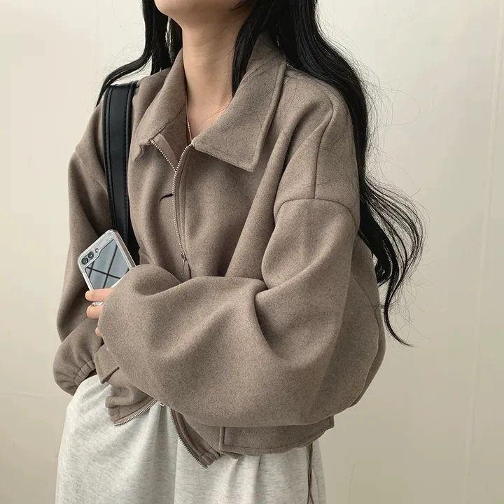 Koreaanse Chic Franse Stijl Dubbele Zak Rits Revers Trekkoord Korte Jas voor Dames (Herfst/Winter)