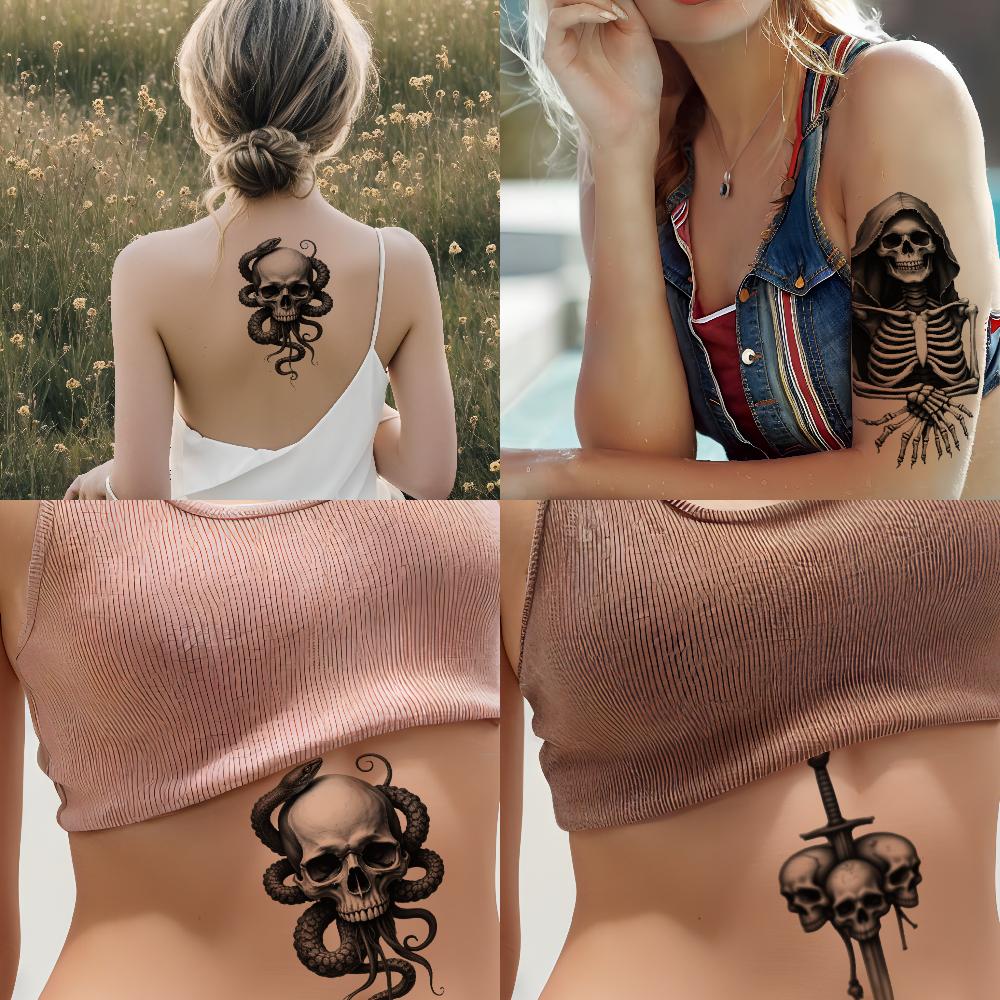 3pcs Temporary Tattoo Black And Grey Realism Grim Reaper Eye Ornament Sailing Ship For Women Men Arms