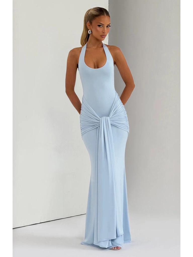 2025 Women's European & American Style Spliced Strappy Long Slim Fit Halterneck Formal Dress