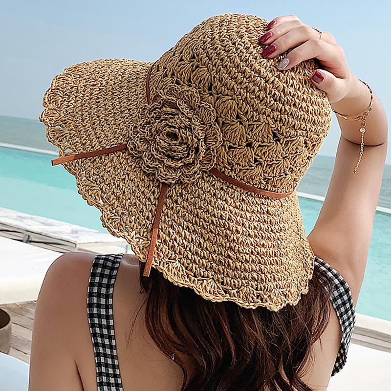Summer Hats For Women Flower Rope Chain Foldable Sun Hat Beach Accessories Seaside Holiday Bucket Hat Sunhat New Beige Khaki