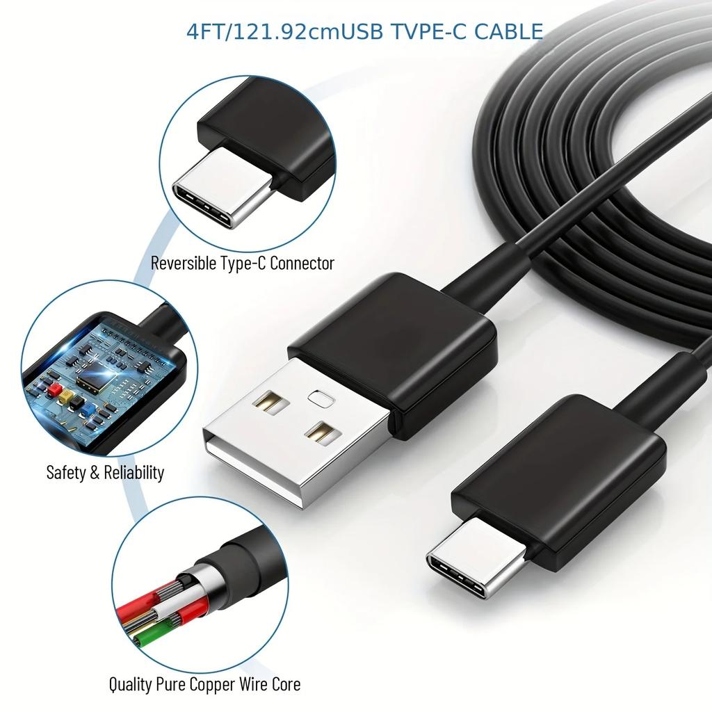 4FT Long USB-C Fast Charging Cable with 12W Power Adapter - Rapid Travel Charger for Samsung Galaxy