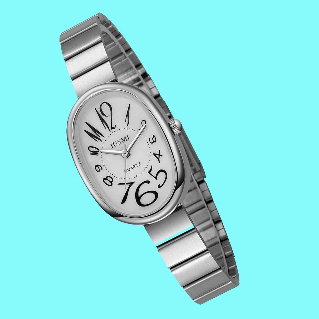 Ladies' exquisite and high-value Arabic numeral scale oval dial bamboo style steel strap quartz watch.