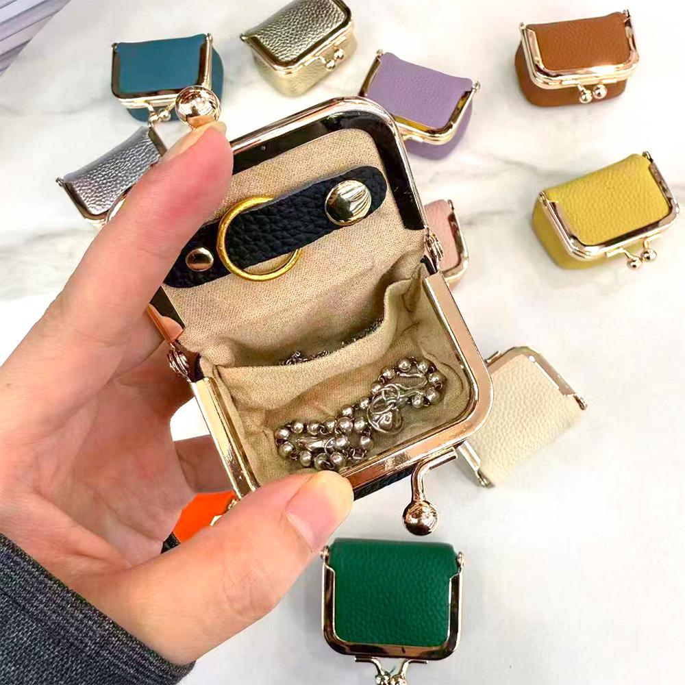 Mini Genuine Leather Kiss-Lock Jewelry Bag - Cowhide Earring, Necklace, and Ring Accessory Box for Women