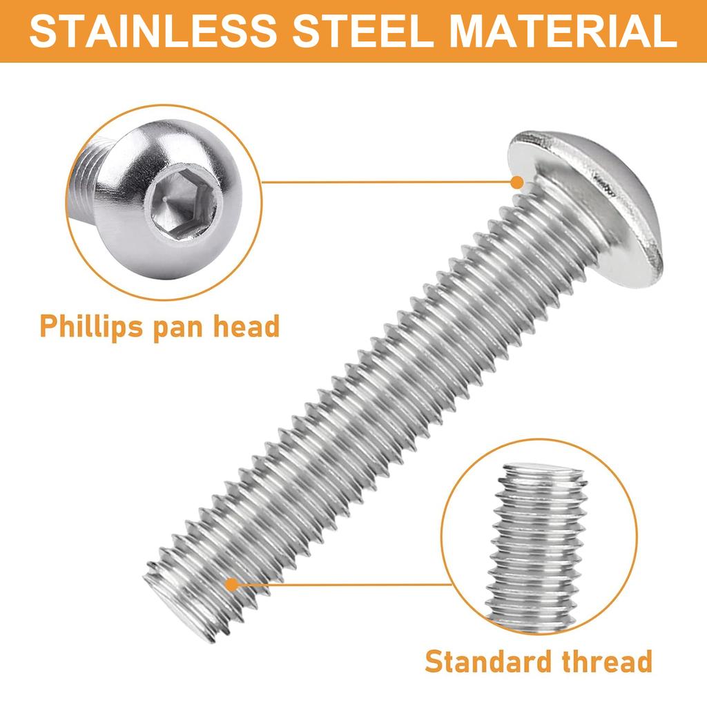M5/M6 Button-Head Hex Head Screws 144Pcs Hex Head Drive Screws Nut Washer Assembly Kit Stainless Steel 304, Smooth, Full Thread