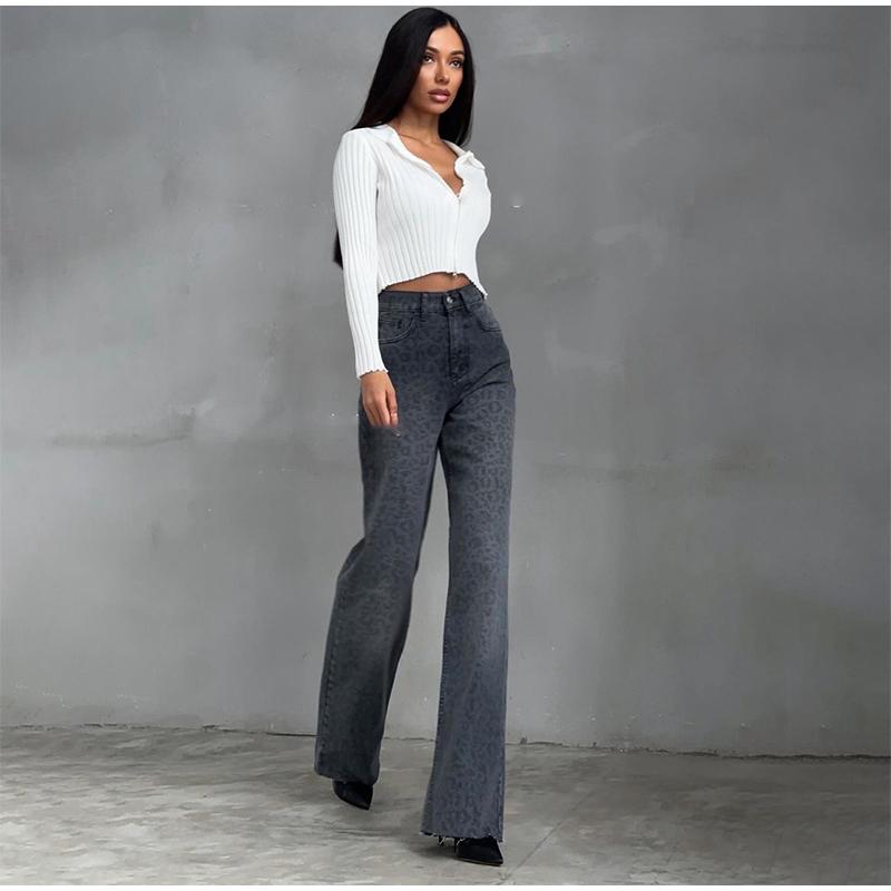 Elegant Grey Leopard Printed Jeans High Waist Straight Leg Vintage High Street Black Jeans Pants Women Formal Korean Retro