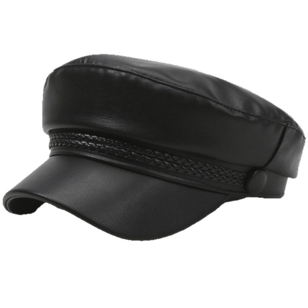 Retro Flat Top Beret Hat Black PU Leather Sailor Visor Hat Adjustable Punk Style Painter Hat