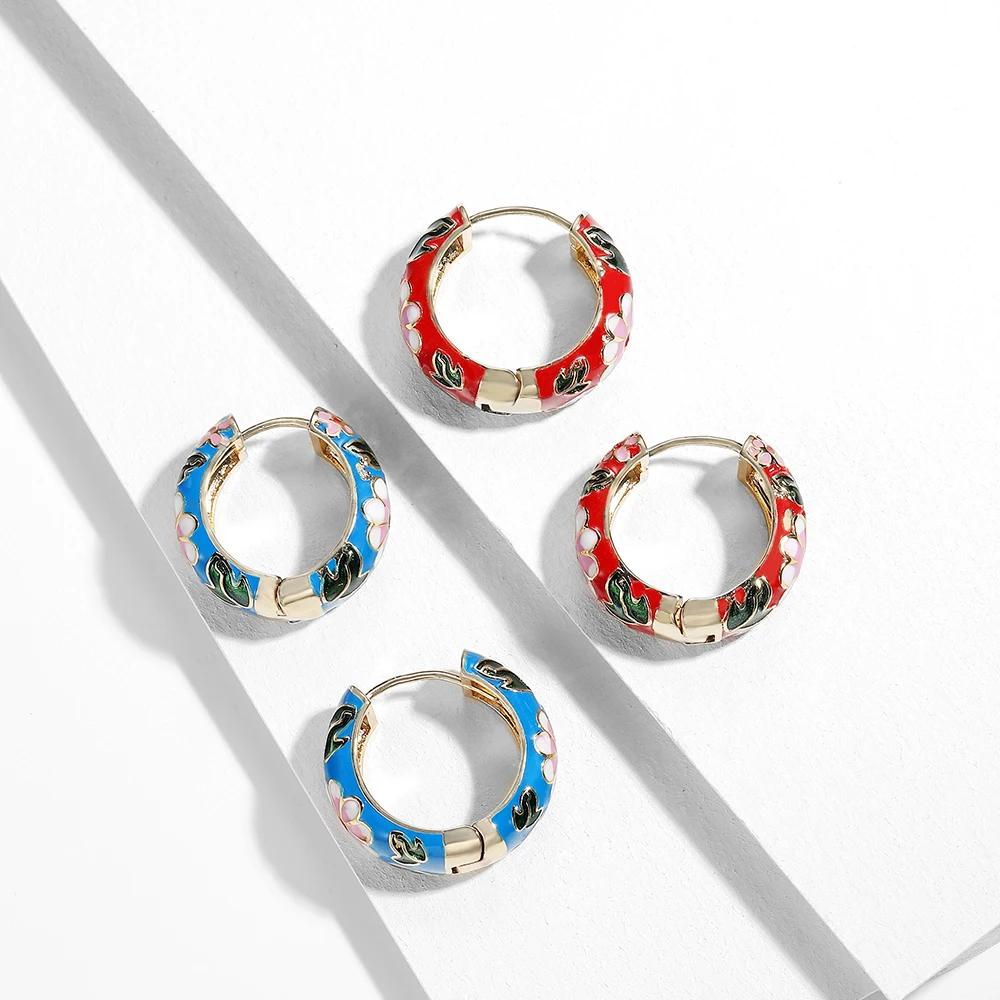 New Fashion Enamel Flower Huggie Hoop Earrings for Women Vintage Boho Circle Small Earrings Vintage Jewelry