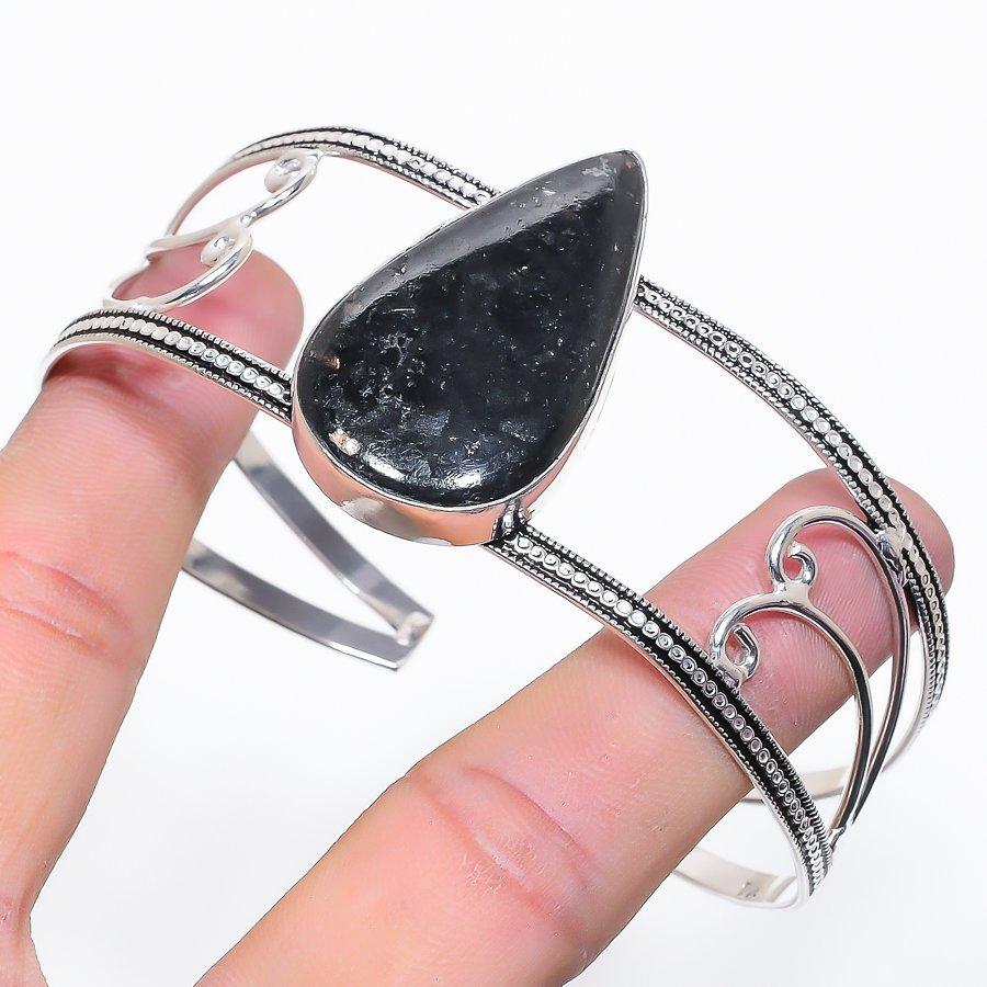 Natural Nuummite Gemstone 925 Sterling Silver Cuff Bangle Adjustable K4G88