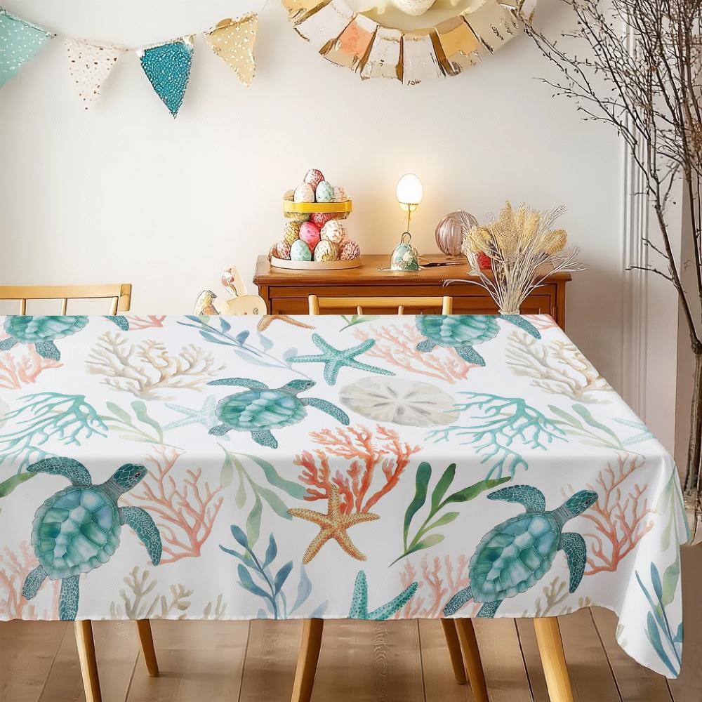 Sea Turtle Coral Rectangle Tablecloth for Table Decor Kitchen Dining Waterproof Reusable Tablecloths for Table Indoor Outdoor