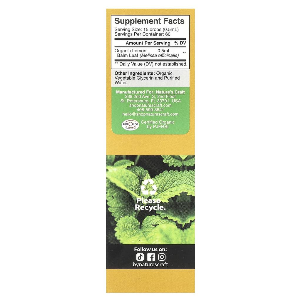 Nature's Craft Organic Lemon Balm, 30Ml