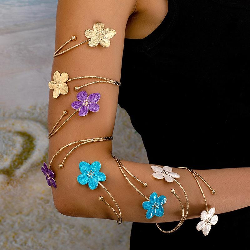 Elegant & Sexy Floral Open Cuff Armlet For Women Vintage Enamel Glaze Craft Flower Open Arm Ring Jewelry Gift