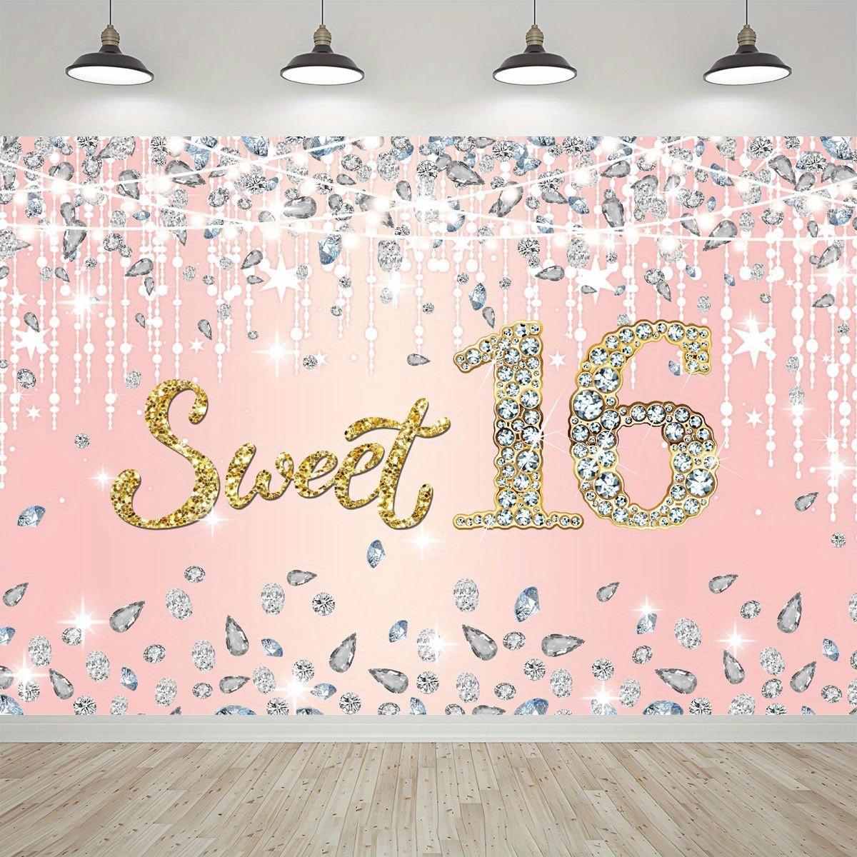 Background of 16th birthday: Rose-golden princess. 16th birthday photography background with pink theme party decorations. 100x150cm