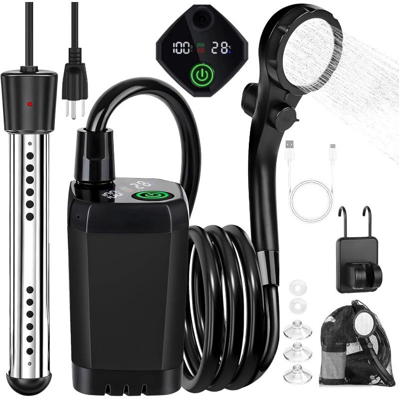 Portable Camping Shower with Heater, 6000mAh Rechargeable Portable Shower with 2000W Immersion Heater, LED Display, Heated Camping Shower Heating Type - Black