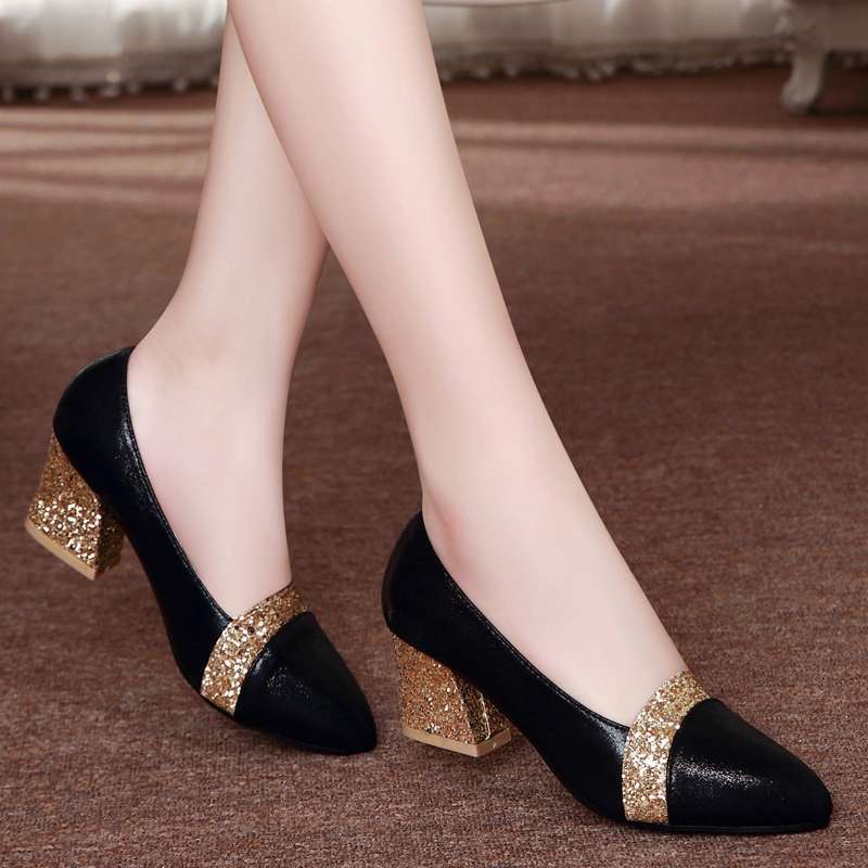 2025 Spring New Women's Single Shoes Medium Heel Soft Leather Women's Shoes Leather Shoes Thick Heel High Heel Women's Work Shoes Mother Shoes La