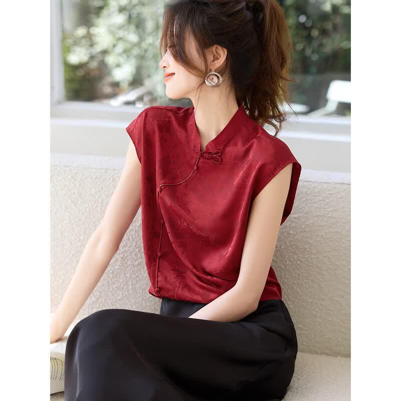 Mohan Yimei New Chinese Style Jacquard Stand Collar Blouse