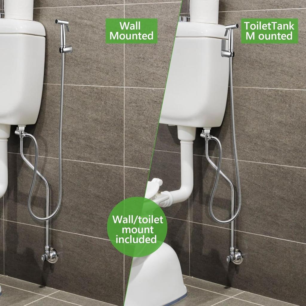 Multifunctional Hand-held Bidet Spray, Bathroom Diaper Shower, Hose and Accessories - Toilet Sprinkler with Dual Spray Function (Silvery)