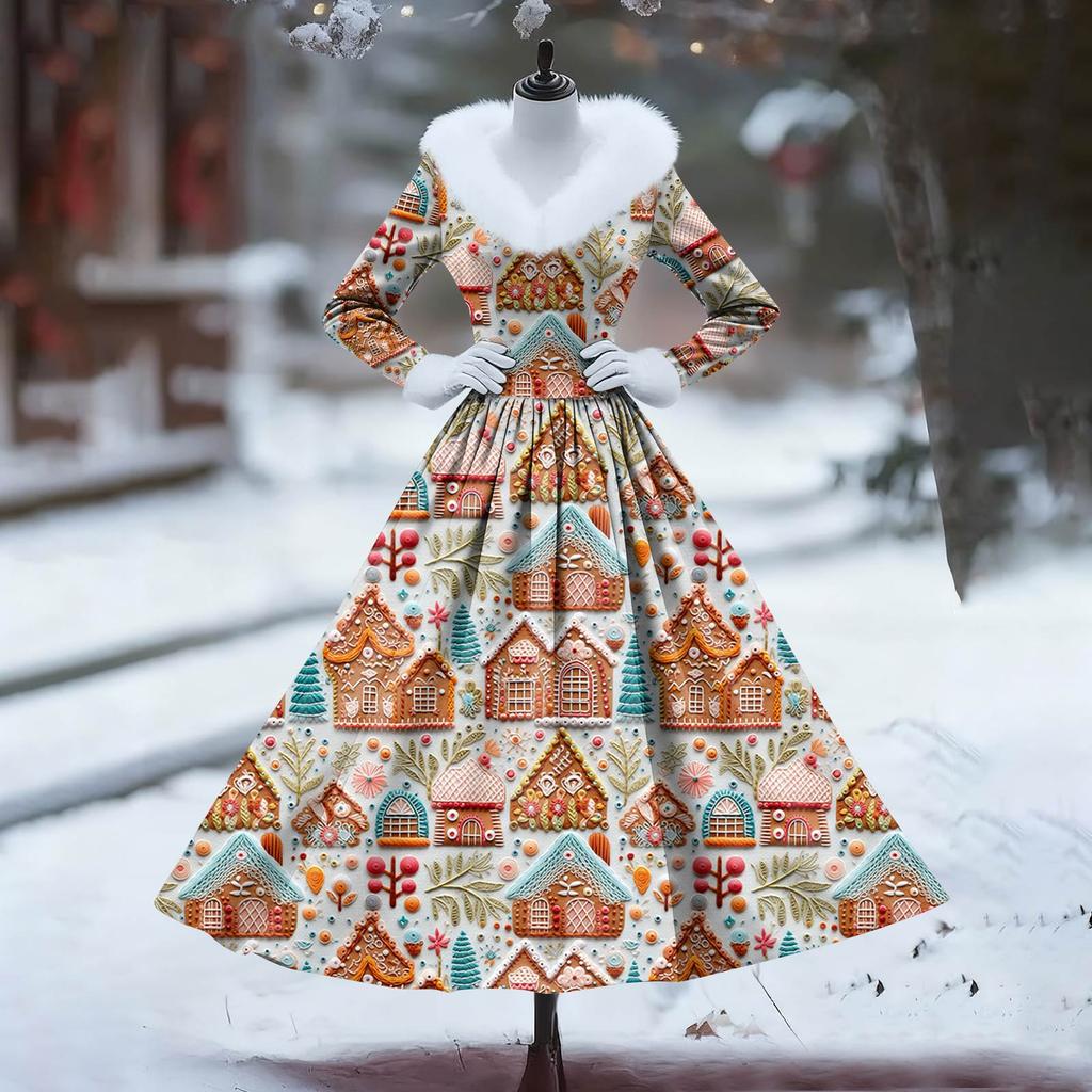 Women's Casual Dress Long-Sleeve V-Neck Patchwork Fleece Christmas Print Dress
