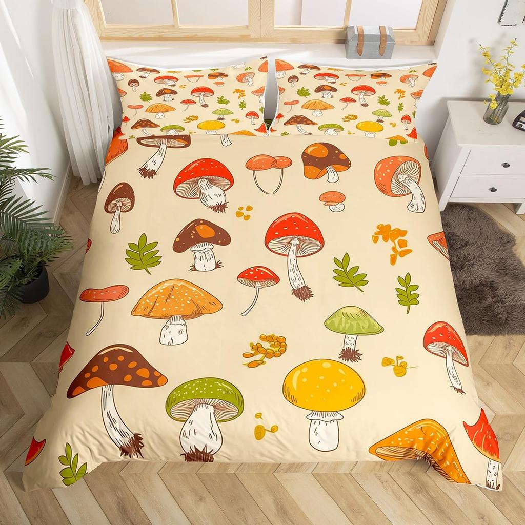 Comforter Wild Mushroom Bedding Set King Queen Cute Mushrooms Comforter Kawaii Fungus Cartoon Plant Leaves