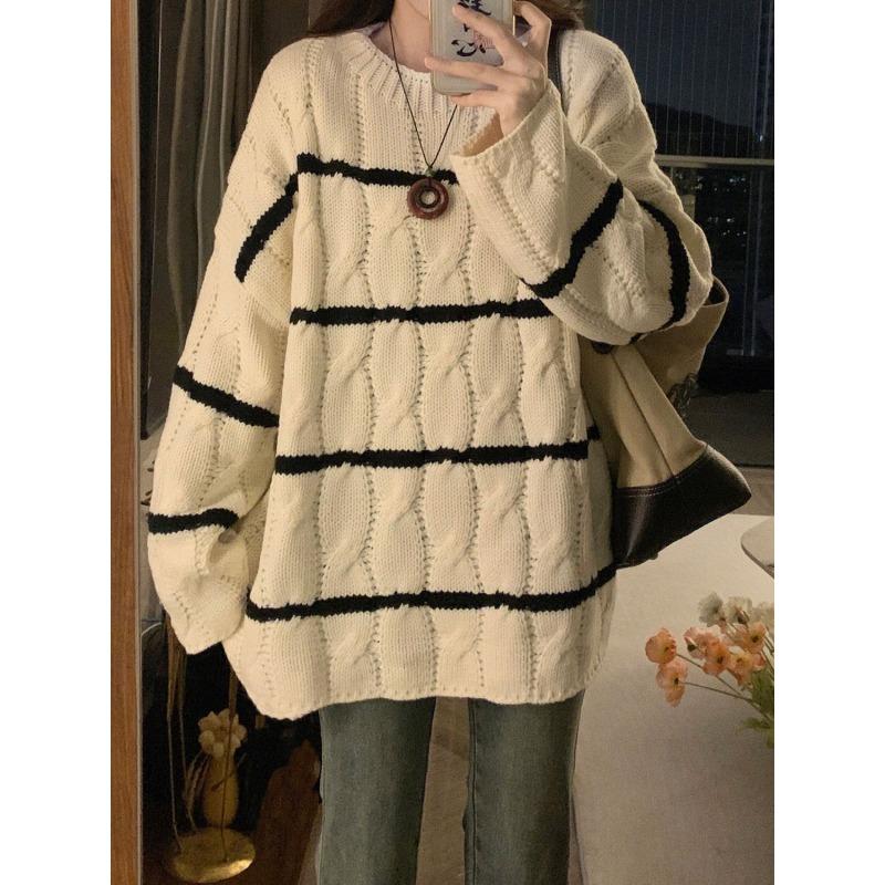 

Полосатый свитер женский свободный ленивый корейский нежный пуловер тонкий абрикосовый свитер топ женский One size