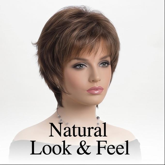 Women's Short Wavy Synthetic Wig - Natural Mixed Brown Hairpiece, Breathable & Lightweight for Daily, Party & Casual Wear, Ready Stock