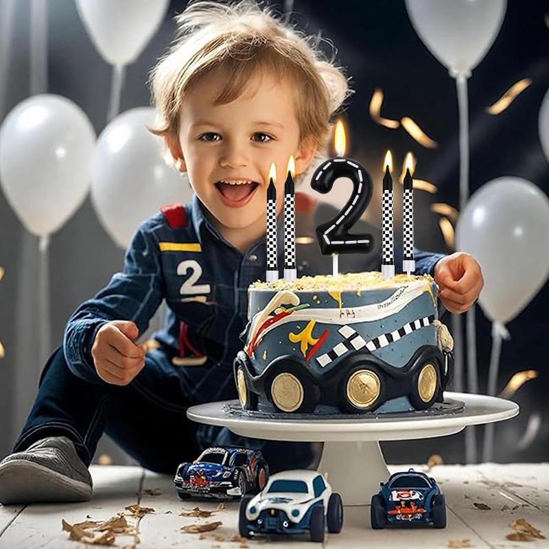 7Pcs Racing Cars Themed Birthday Candles Black White Checkered Number Cake Topper Kids Boys Birthday Party Decoration Supplies