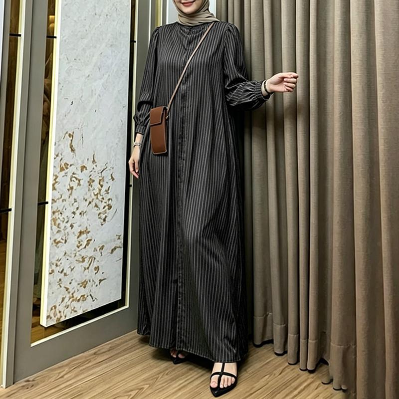 ZANZEA Women Casual Round Neck Loose Long Sleeve Stripe Dress