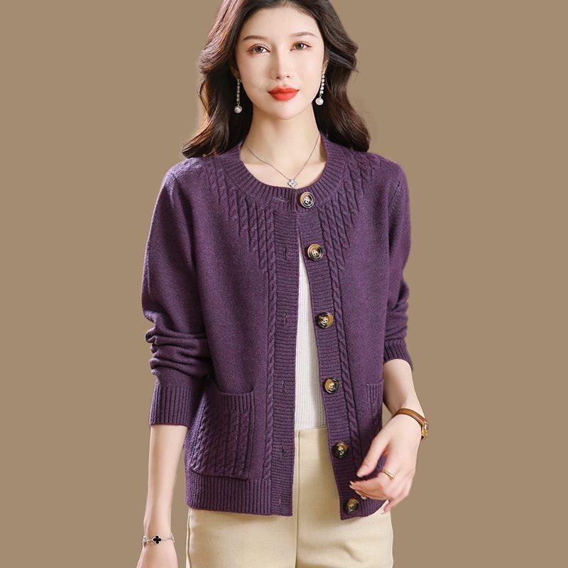 Women Knitted Cardigan Spring Autumn V Neck Button Closure Long Sleeves Solid Color Middle Age Ladies Coat Top Streetwear