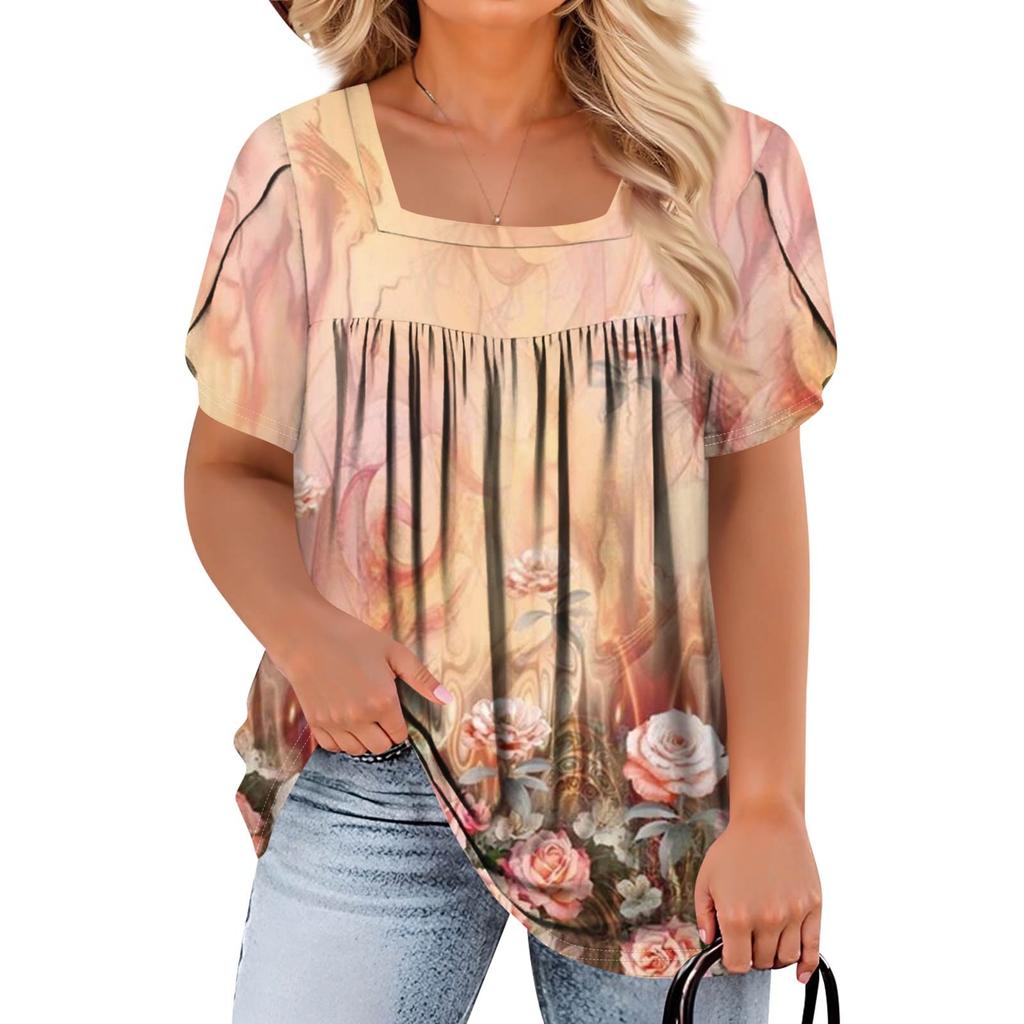 Women's Fashion Casual Printed Square Neck Short Sleeve Large Size T-Shirt Top