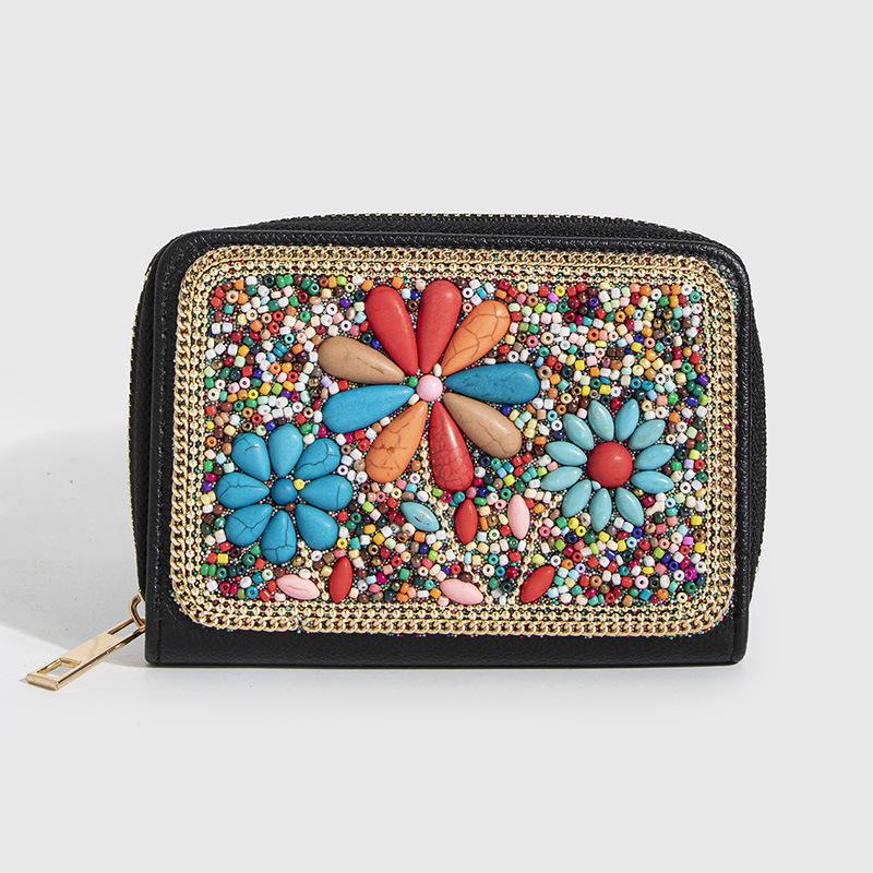 Bohemian Style PU Zipper Card Holder & Coin Purse with Butterfly and Flower Design