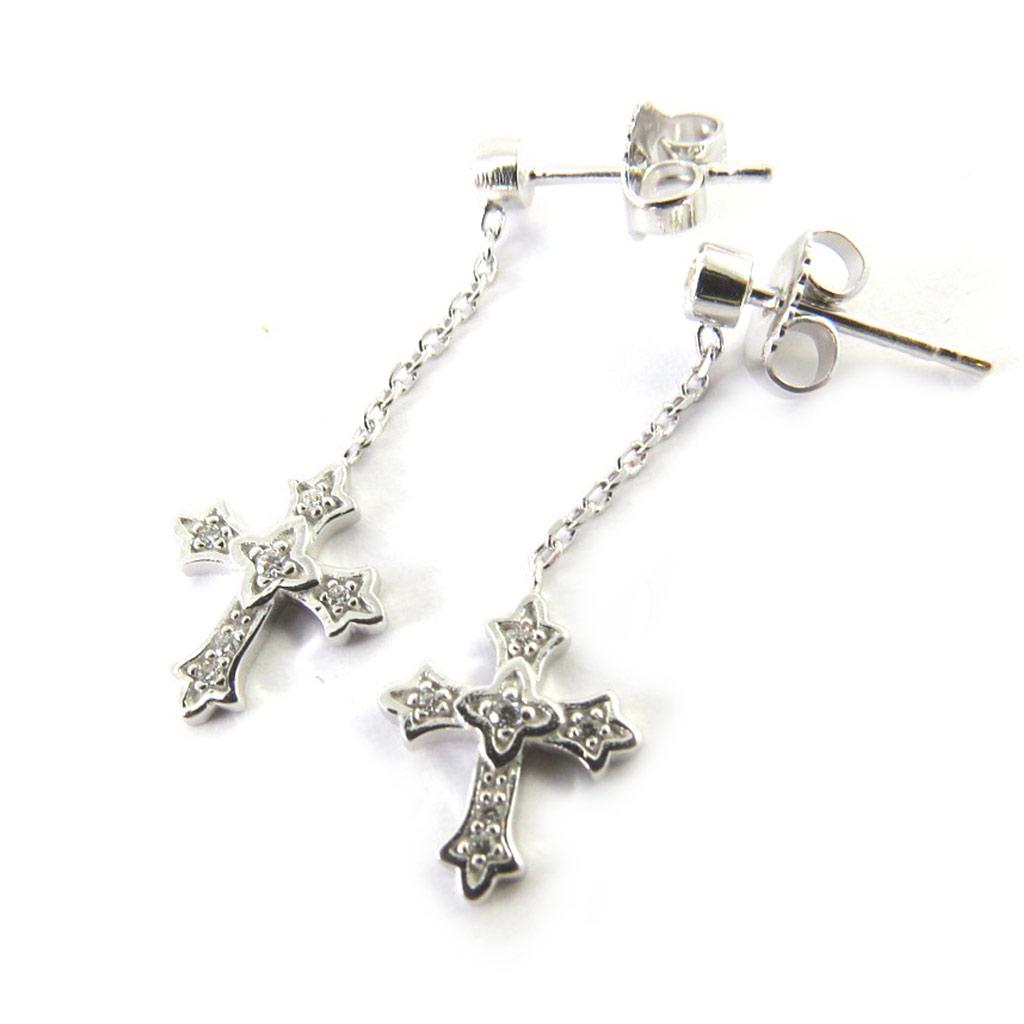 Altesse [M5892] - White 'Gothic Cross' Silver Earrings