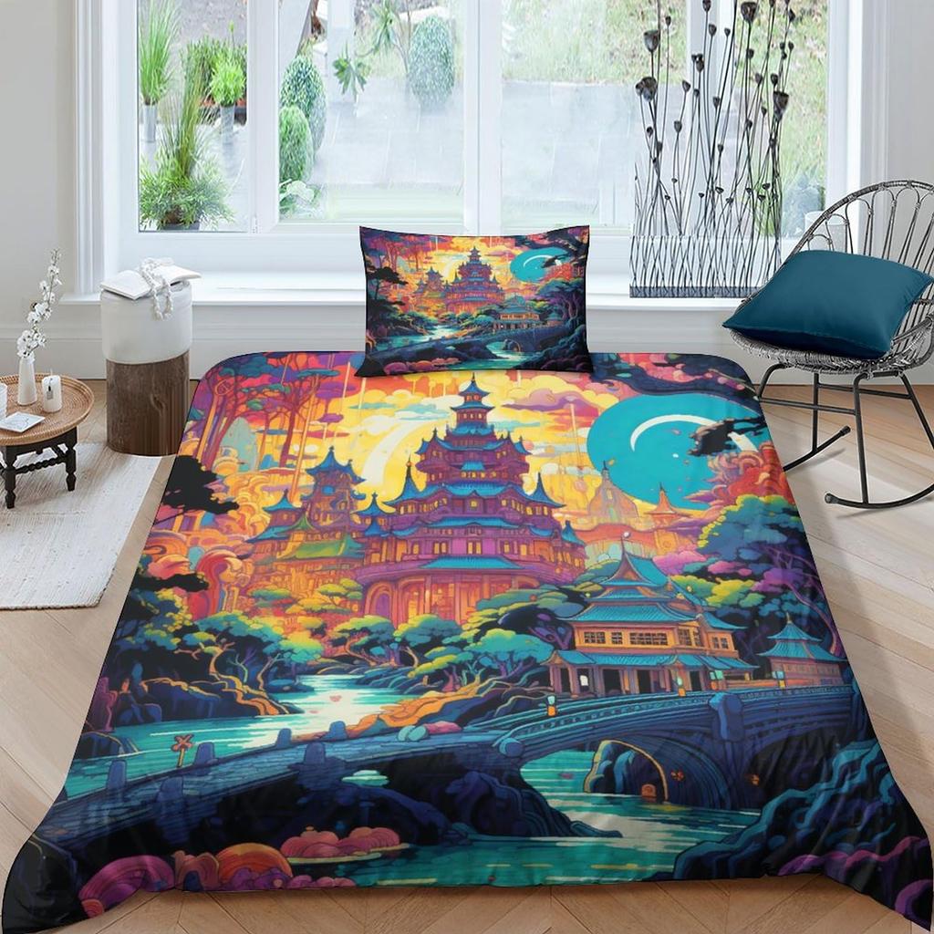 Ancient Chinese Architecture Duvet Cover for Teens Adults Quilt Covers Lightweight Down 2 Pillowcases 1 Duvet Cover No Comforter