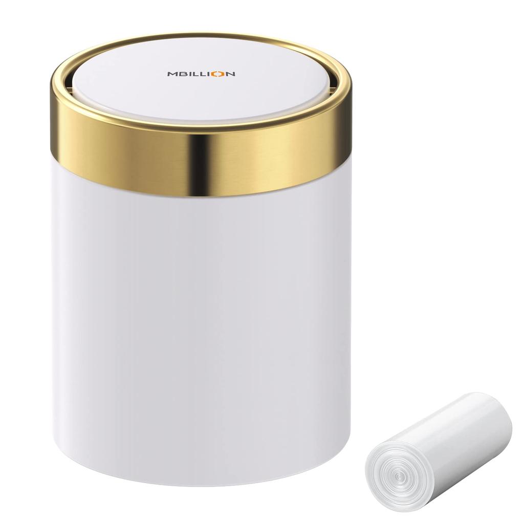 Mbillion Tabletop Trash Trash Can with Sanitary Raw Trash Mini Round Trash 360 Degree Stainless Steel Dust White Garbage Can, Small, Stylish, Lid,