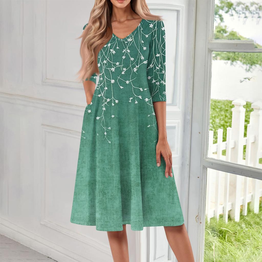 Women's Casual Fashion V Neck Three Quarter Sleeve Print Midi Dress