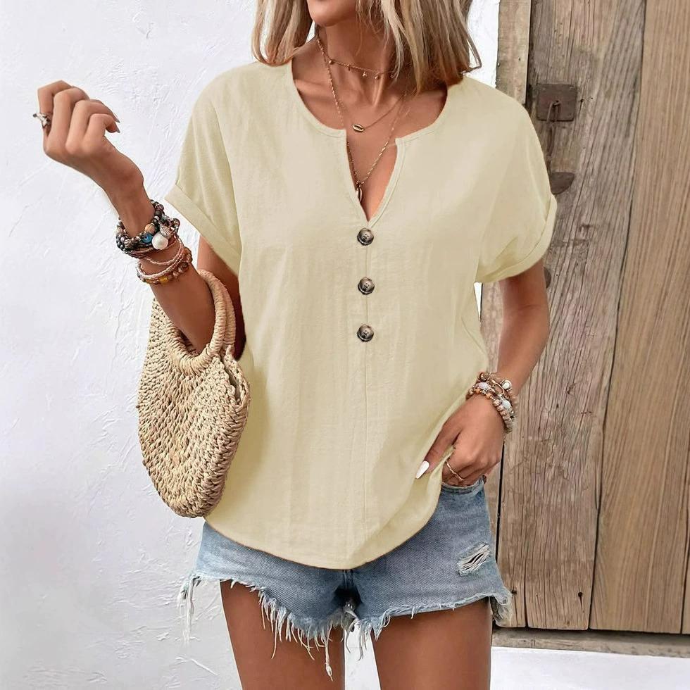 

Summer Women s Button V-neck Short-sleeved T-shirt Top Women 5XL абрикосовий