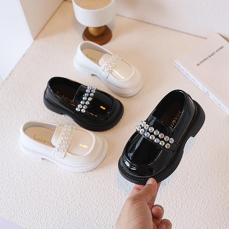 Girls PU Leather Shoes for Party Wedding Beaded Kids Princess Loafers Shoes with Pearl Slip-on Children Performance Shoes I07214