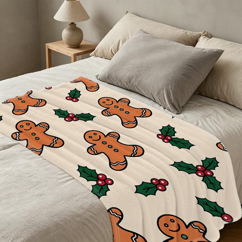Thick Warm Flannel Blanket - Gingerbread Man Christmas Series, Soft Cozy Single Guest Room Spare Blanket, Home Decor for Festive Christmas Vibes