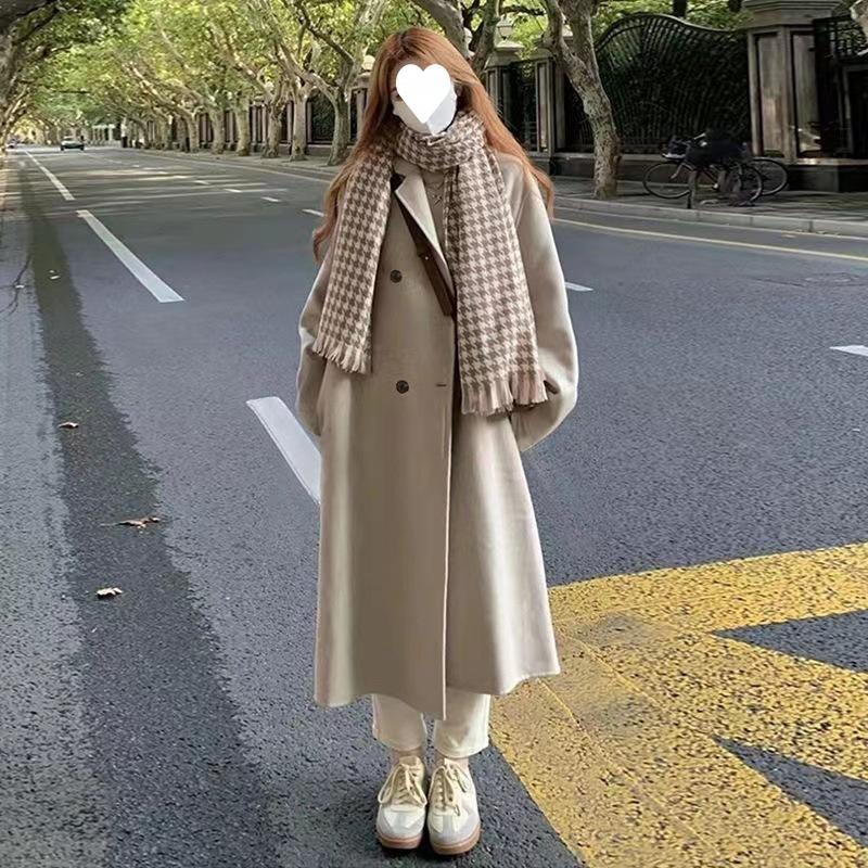 Double-sided Fleece Woolen Coat for Women, Mid-length Thickened, Hepburn Style Woolen Coat for Short People in Autumn and Winter