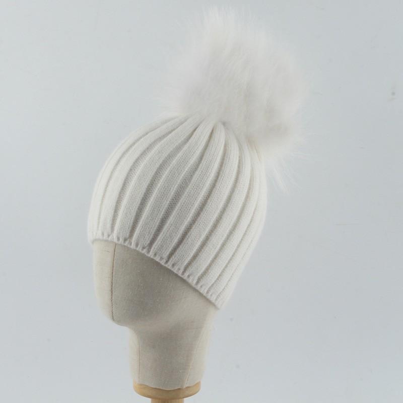Kids Warm Knit Beanie Hat With Faux Fox Fur Pom Winter Cap Boys Girls No Brim Soft Handcrafted