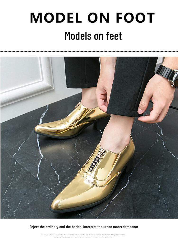 Men's Cross-Border Shiny Leather Dress Shoes - Pointed, Chunky Heel, Height Increasing, Zippered for Spring & Autumn