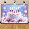 2D Sparkle Birthday Cake Backdrop Purple Blue Bokeh with Seashells for Kids Birthday Party Photo Booth