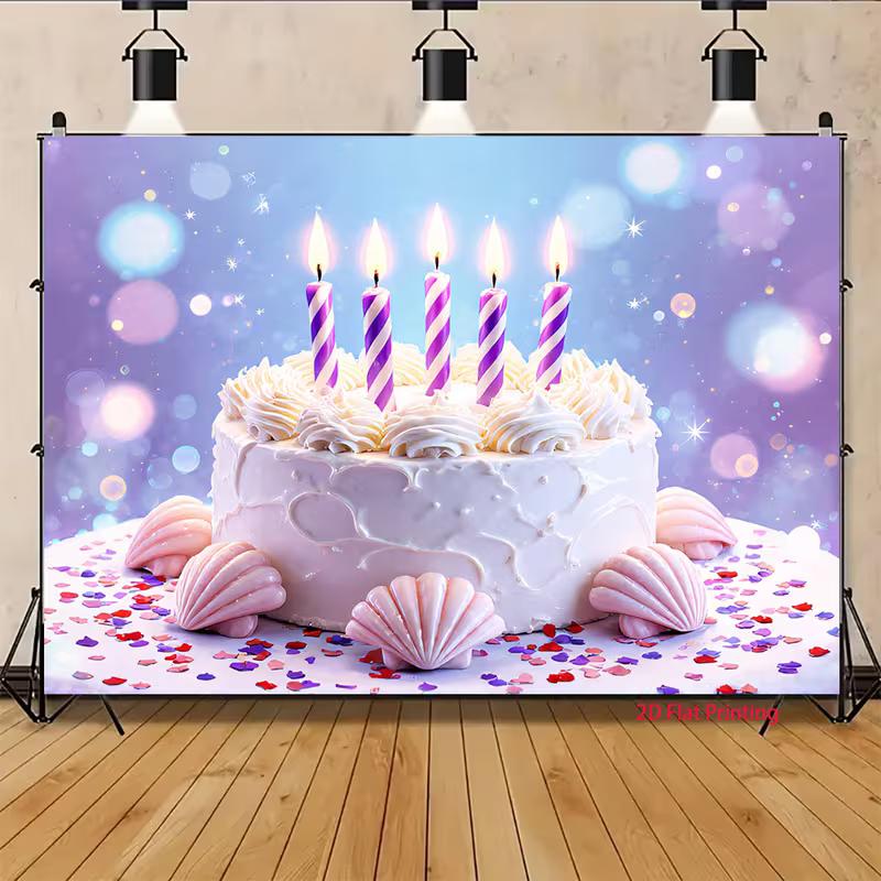 2D Sparkle Birthday Cake Backdrop Purple Blue Bokeh with Seashells for Kids Birthday Party Photo Booth