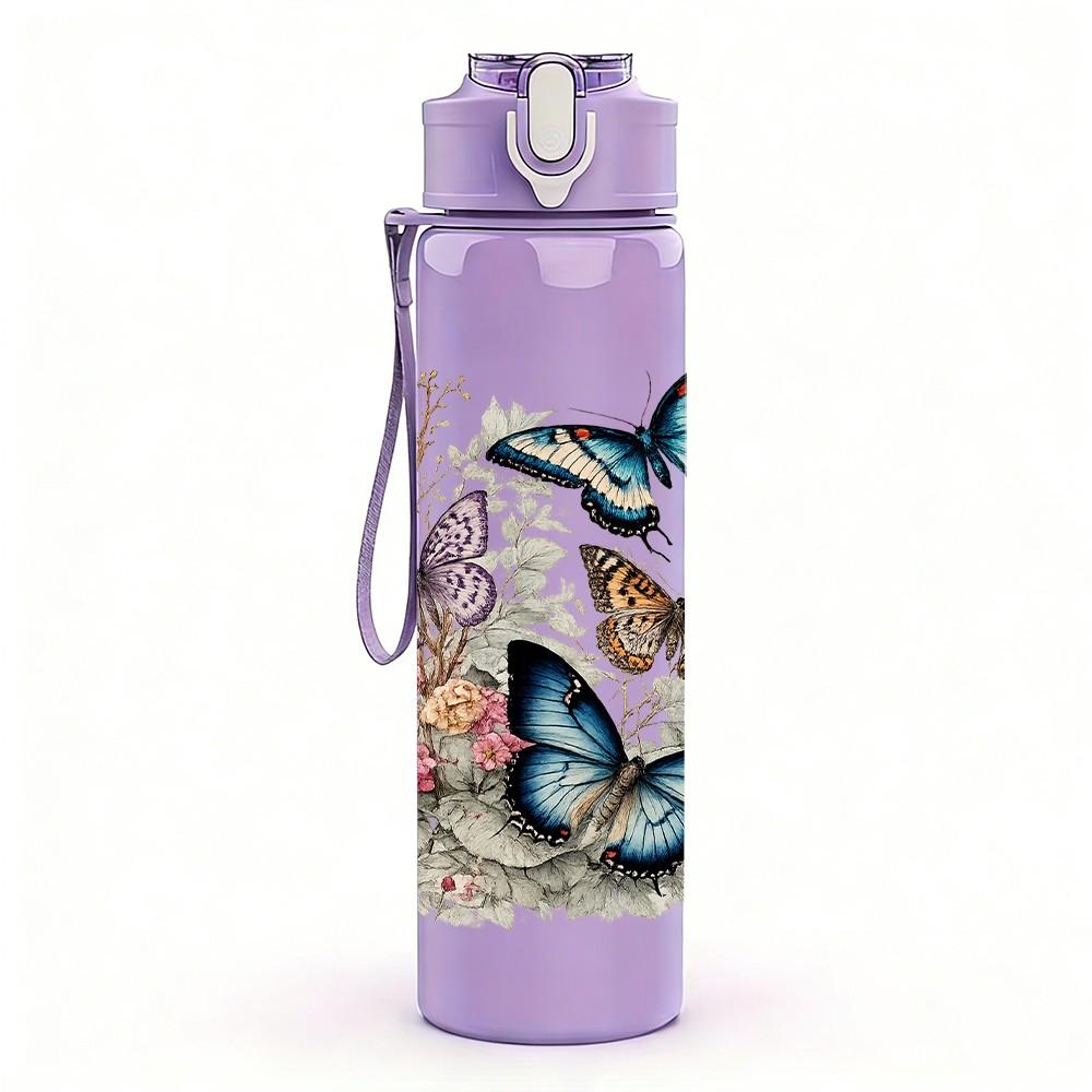 1PC Butterfly Multi Layer Floral Frame Print 750ml Color Plastic Sports Water Bottle Leakproof Flip Straw Lid Suitable for Sports Office Home Use