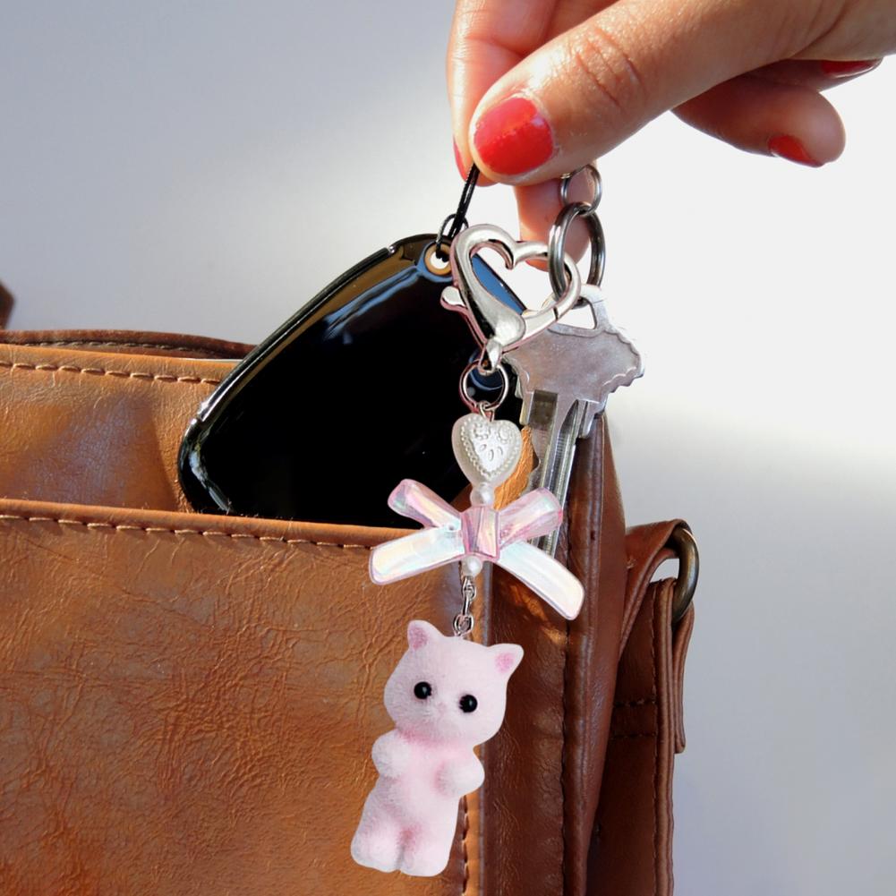 Heart Shape Keyring Flocked Cat Pendant Keychain with Bowknot Decor Heart Shape Fashionable Hanging Ornament for Wallet Backpack