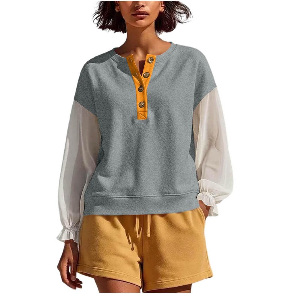 Women's Pullover Sweatshirt with Chiffon Long Sleeves Color Block Design Casual Loose Fit Buttoned Neckline
