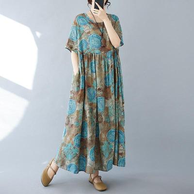 Kurzarm Plus-Size-Baumwolle im Vintage-Stil mit Blumenmuster, neu in Kleidern für Damen, lässig, locker, für den langen Sommer