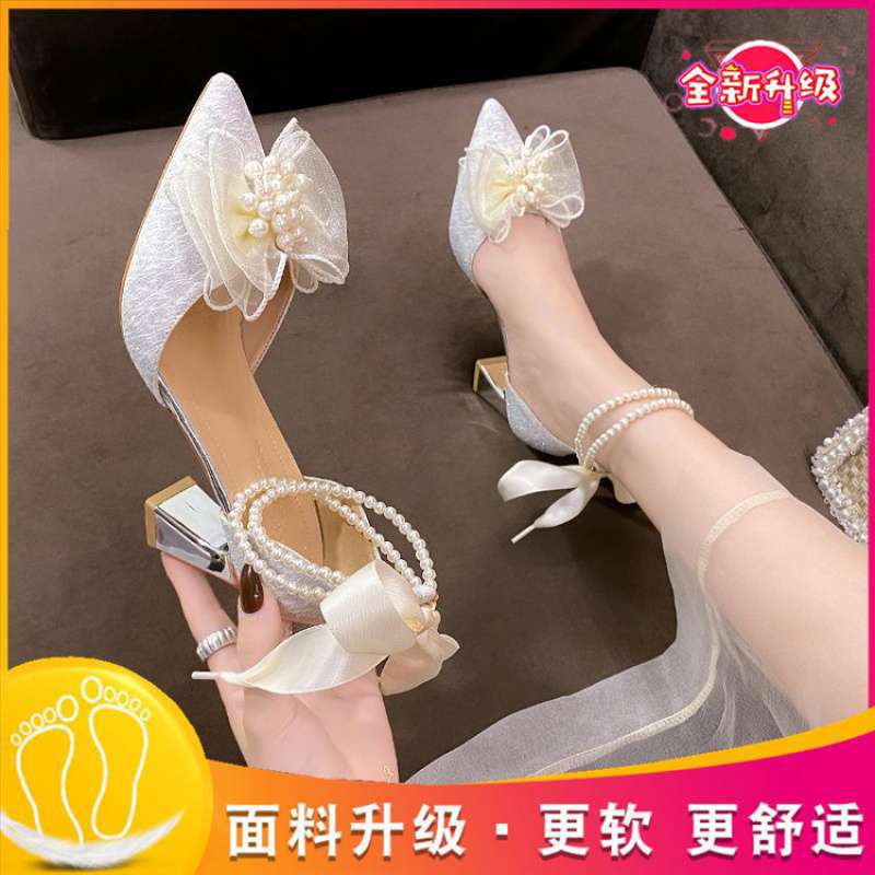 Medium heel stiletto high heels women's sandals 2025 summer new one-word buckle bow single shoes fairy style work shoes